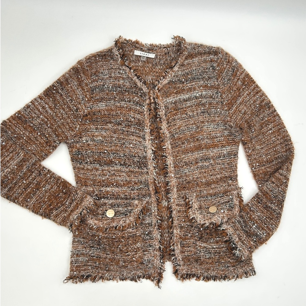 Sioni Bouclé Fringe Cardigan Brown Tweed Knit Jacket Gold Buttons XS Quiet Lux - Picture 2 of 11